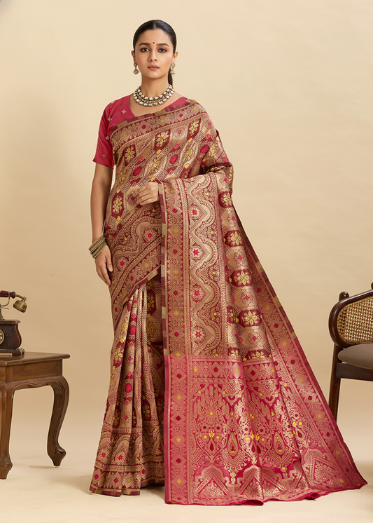 Maroon Banarasi Silk Saree with All-Over Gold Zari Work
