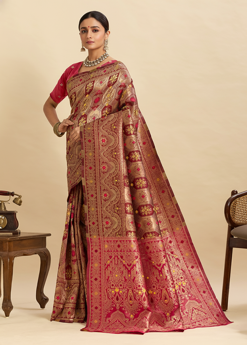 Maroon Banarasi Silk Saree with All-Over Gold Zari Work