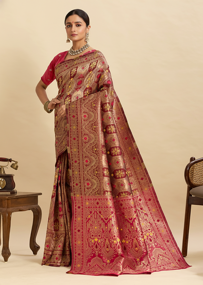 Maroon Banarasi Silk Saree with All-Over Gold Zari Work