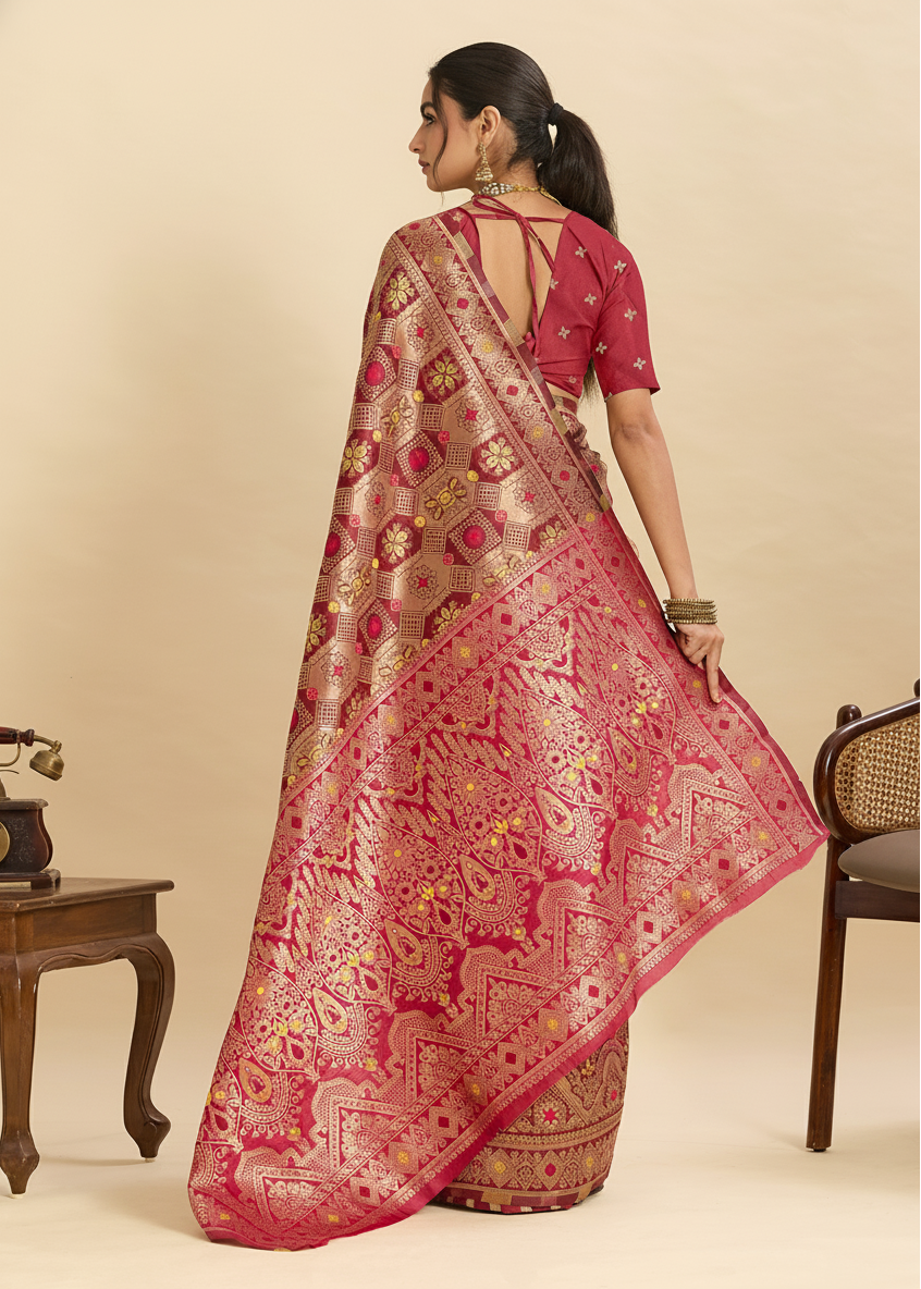 Maroon Banarasi Silk Saree with All-Over Gold Zari Work