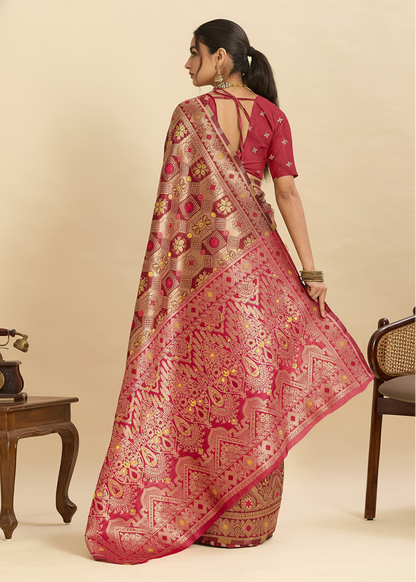 Maroon Banarasi Silk Saree with All-Over Gold Zari Work