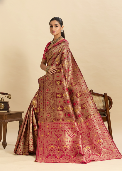 Maroon Banarasi Silk Saree with All-Over Gold Zari Work