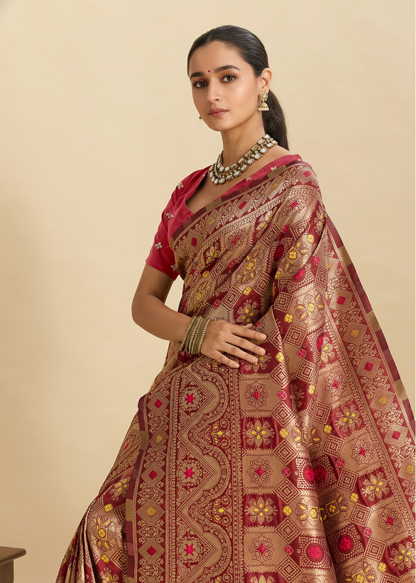 Maroon Banarasi Silk Saree with All-Over Gold Zari Work