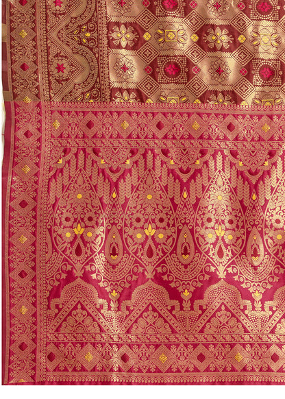 Maroon Banarasi Silk Saree with All-Over Gold Zari Work