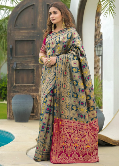 Rama Multi-Color Banarasi Silk Saree with Pink Border