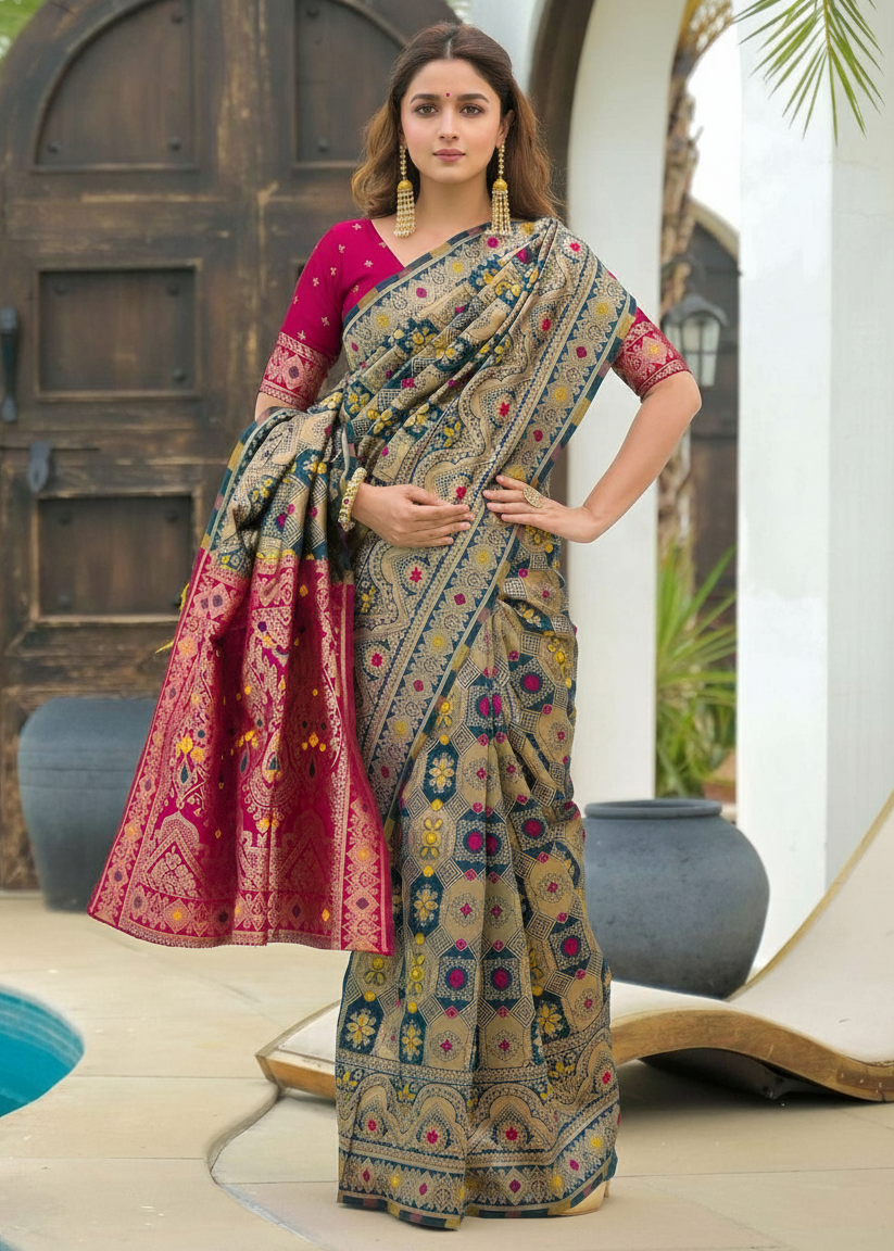 Rama Multi-Color Banarasi Silk Saree with Pink Border