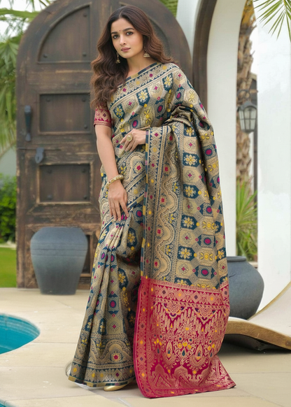 Rama Multi-Color Banarasi Silk Saree with Pink Border