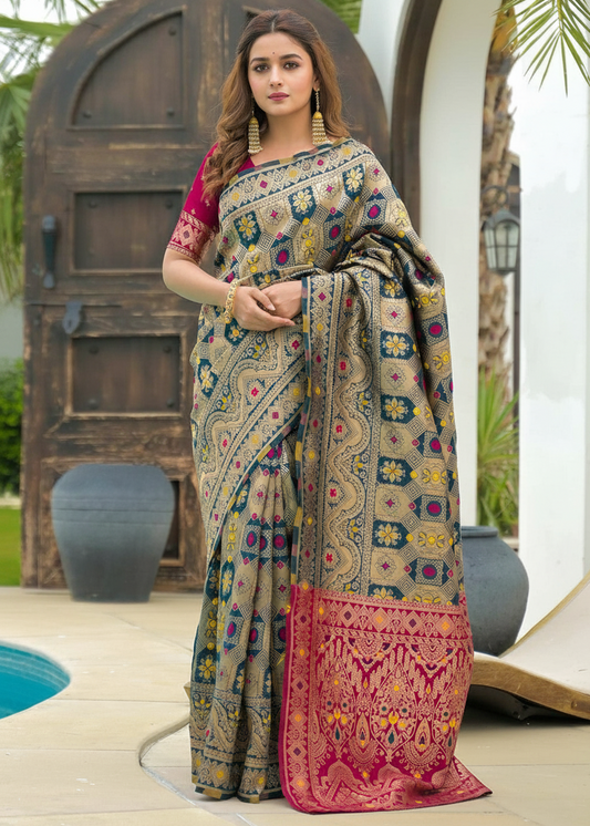 Rama Multi-Color Banarasi Silk Saree with Pink Border