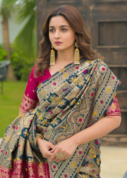 Rama Multi-Color Banarasi Silk Saree with Pink Border