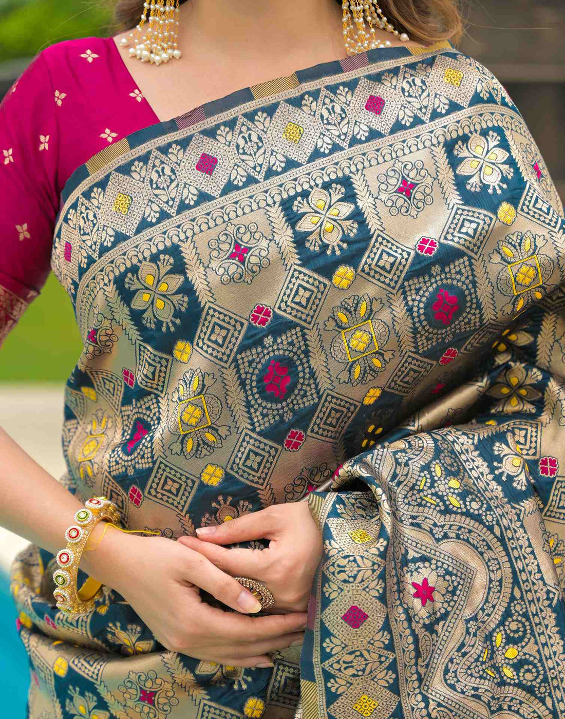 Rama Multi-Color Banarasi Silk Saree with Pink Border