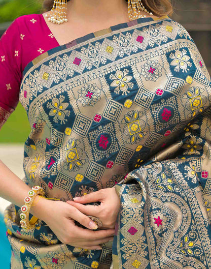 Rama Multi-Color Banarasi Silk Saree with Pink Border
