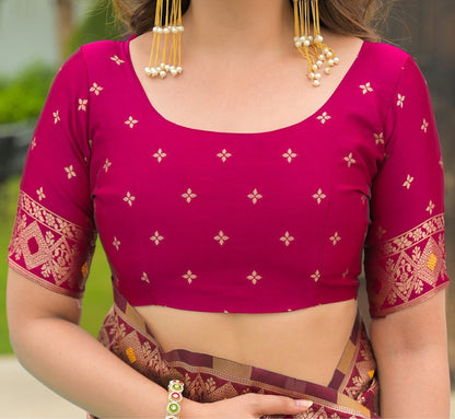 Rama Multi-Color Banarasi Silk Saree with Pink Border