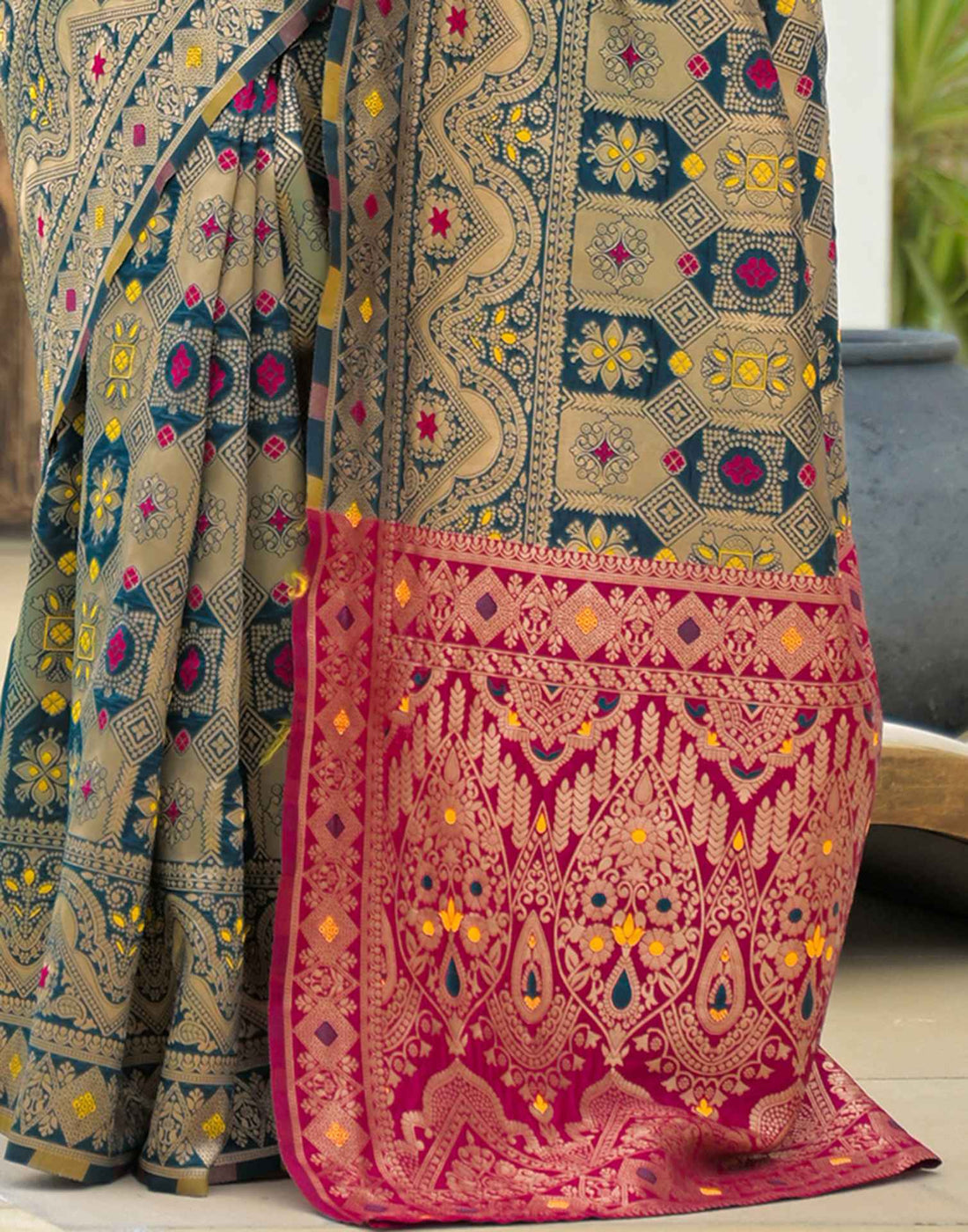 Rama Multi-Color Banarasi Silk Saree with Pink Border