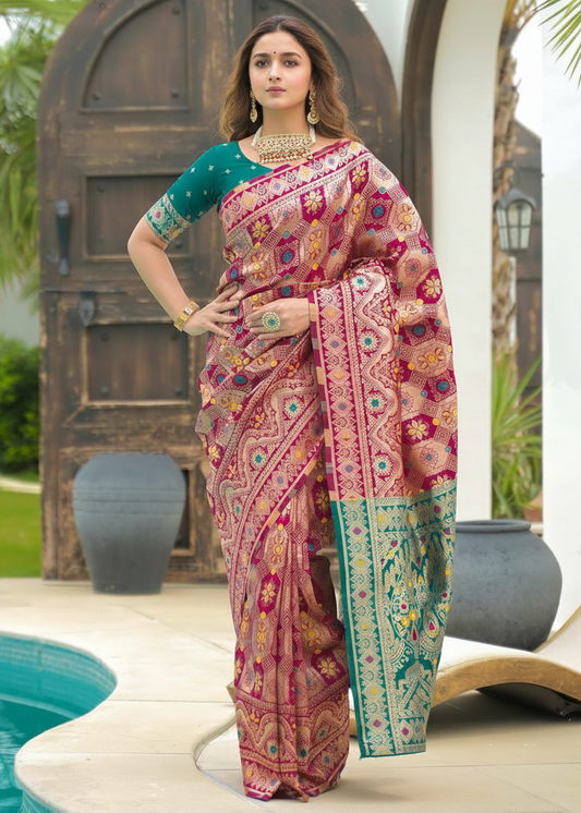 Magenta-Gold Banarasi Silk Saree with Teal Contrast Border