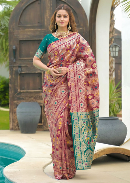Magenta-Gold Banarasi Silk Saree with Teal Contrast Border