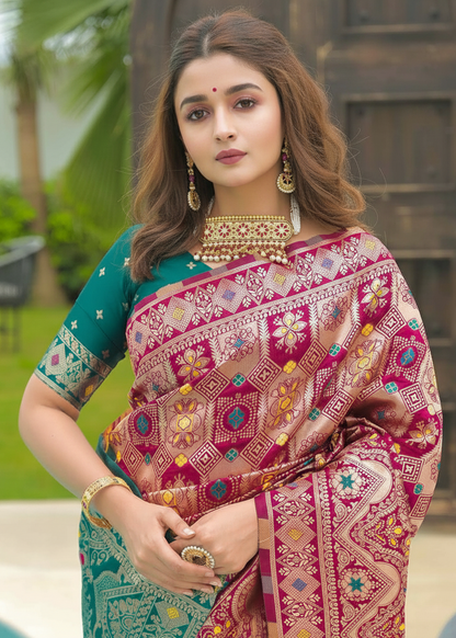 Magenta-Gold Banarasi Silk Saree with Teal Contrast Border