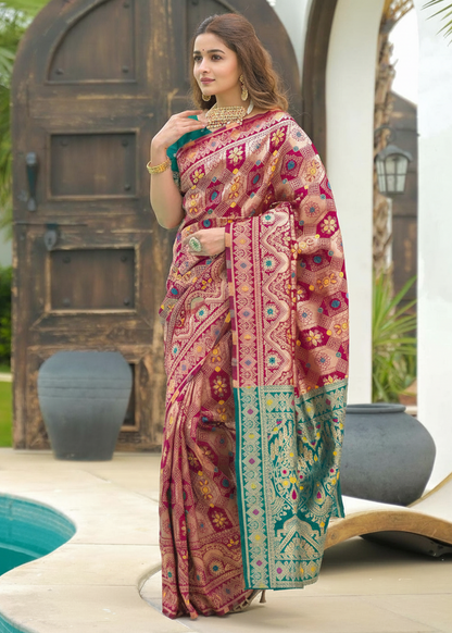 Magenta-Gold Banarasi Silk Saree with Teal Contrast Border