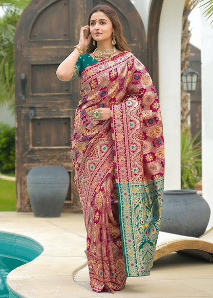 Magenta-Gold Banarasi Silk Saree with Teal Contrast Border
