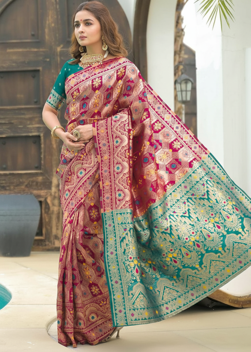 Magenta-Gold Banarasi Silk Saree with Teal Contrast Border