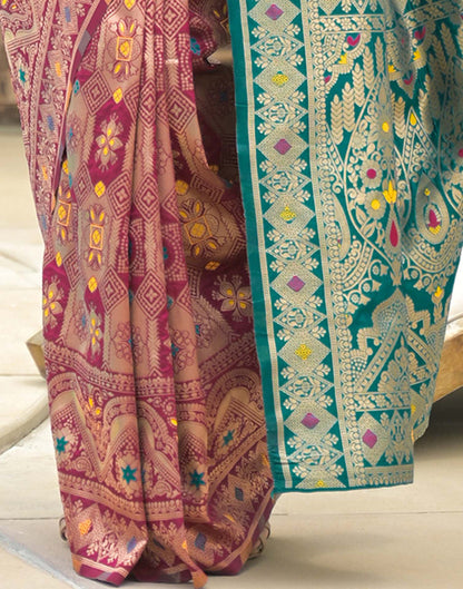 Magenta-Gold Banarasi Silk Saree with Teal Contrast Border