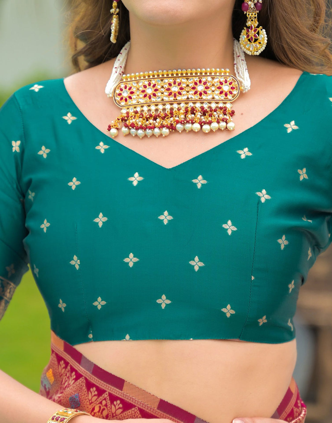Magenta-Gold Banarasi Silk Saree with Teal Contrast Border
