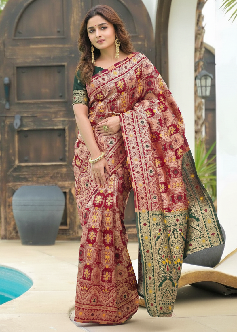 Wine Red Banarasi Silk Saree with Green Gold Pallu