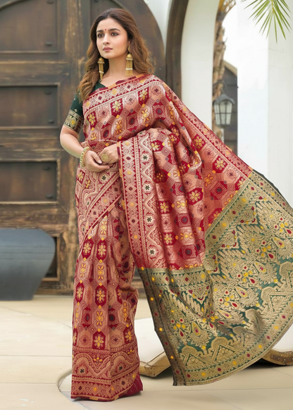 Wine Red Banarasi Silk Saree with Green Gold Pallu