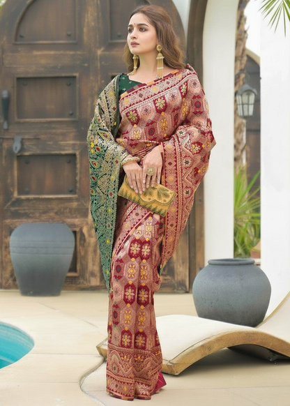 Wine Red Banarasi Silk Saree with Green Gold Pallu