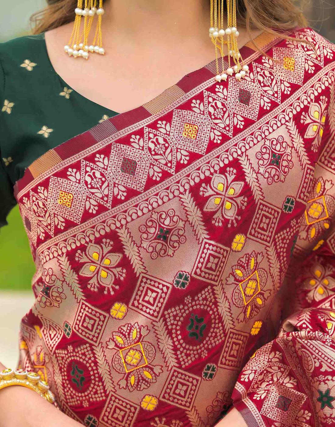 Wine Red Banarasi Silk Saree with Green Gold Pallu