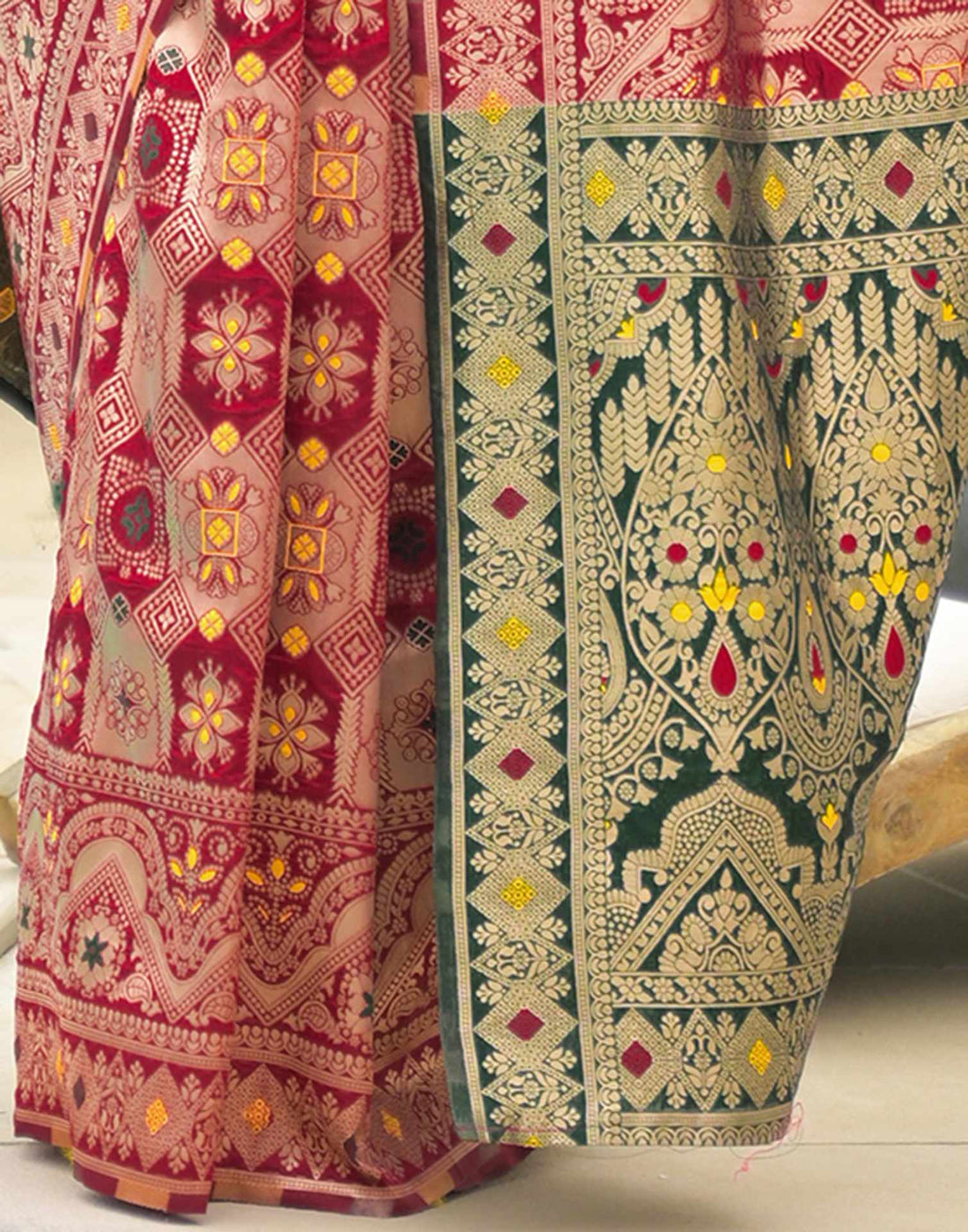 Wine Red Banarasi Silk Saree with Green Gold Pallu
