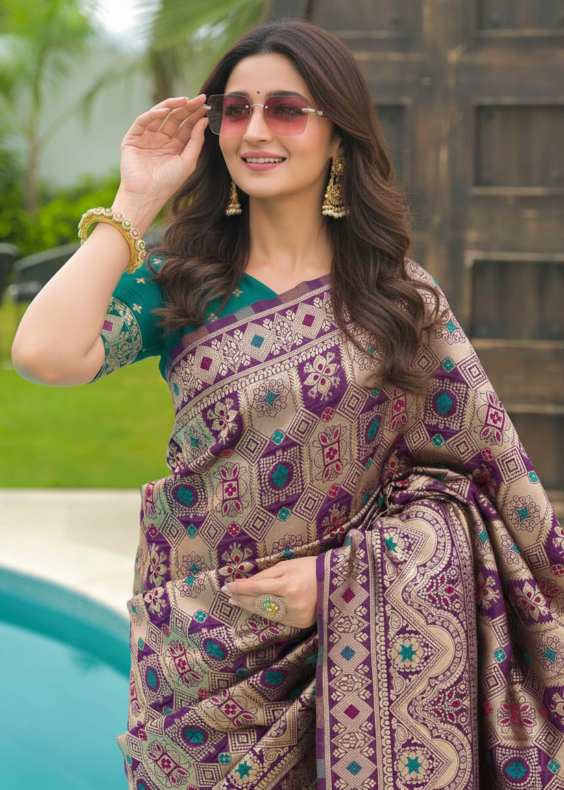 Purple Patola Banarasi Silk Saree with Turquoise Border