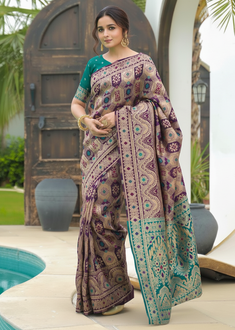 Purple Patola Banarasi Silk Saree with Turquoise Border
