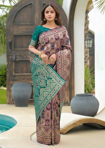 Purple Patola Banarasi Silk Saree with Turquoise Border