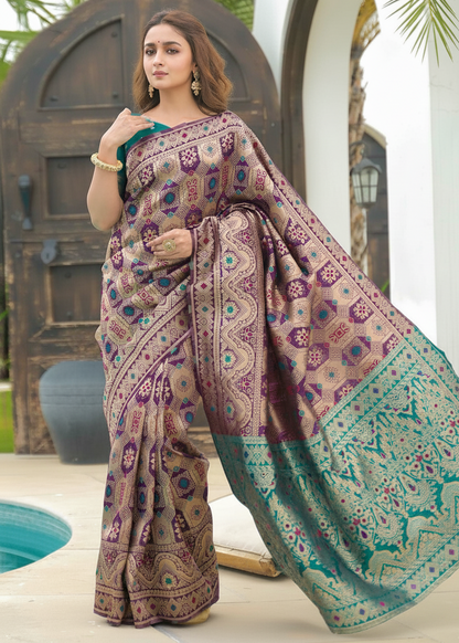 Purple Patola Banarasi Silk Saree with Turquoise Border