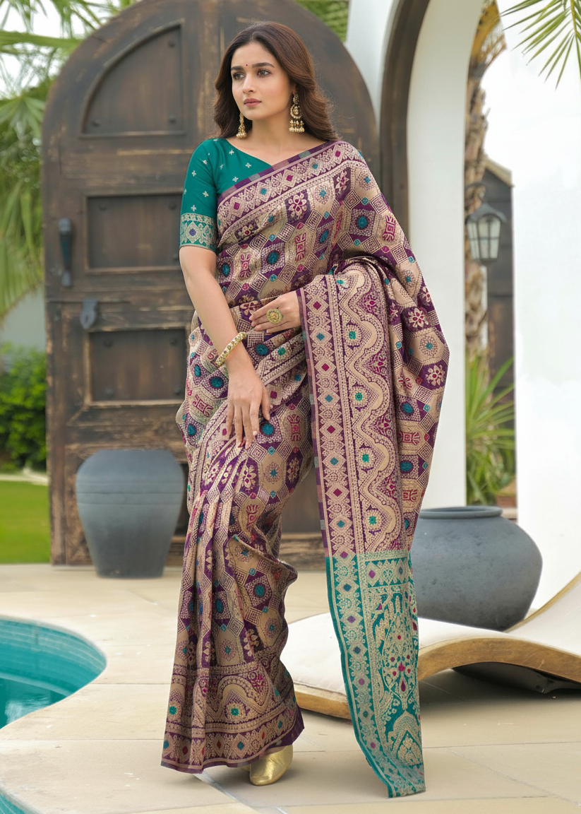 Purple Patola Banarasi Silk Saree with Turquoise Border