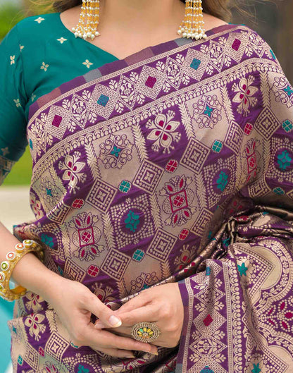 Purple Patola Banarasi Silk Saree with Turquoise Border
