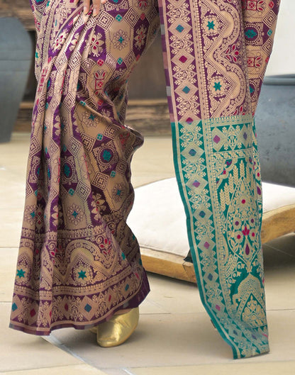Purple Patola Banarasi Silk Saree with Turquoise Border