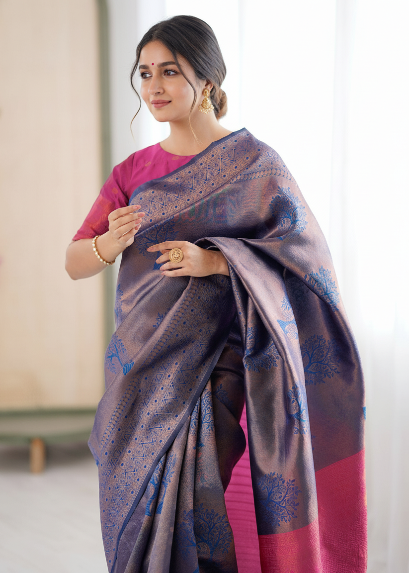Grey Tree‑Motif Woven Silk Saree