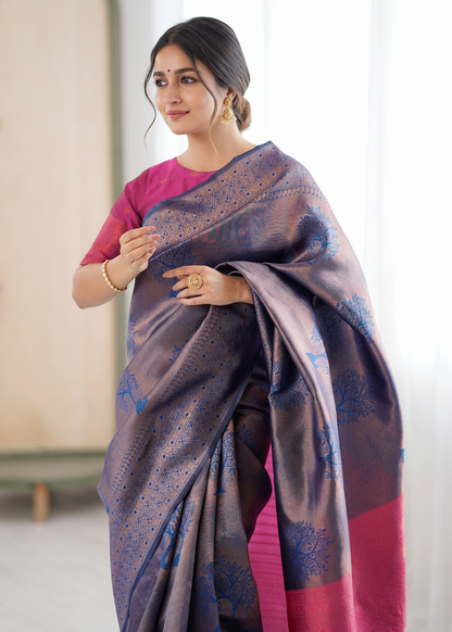 Grey Tree‑Motif Woven Silk Saree