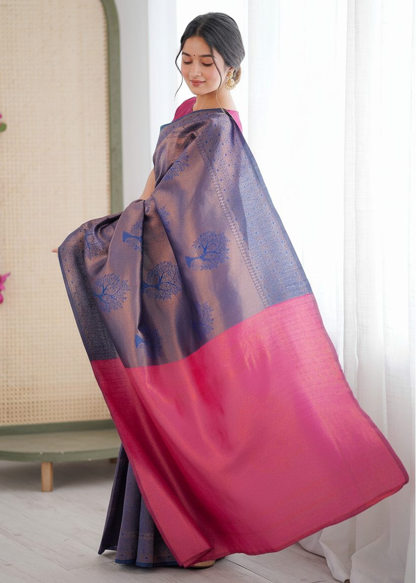 Grey Tree‑Motif Woven Silk Saree