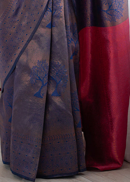 Grey Tree‑Motif Woven Silk Saree