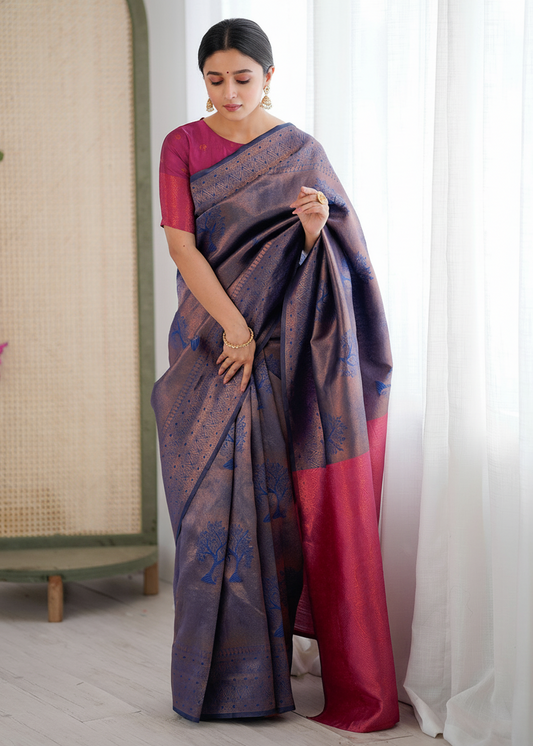 Grey Tree‑Motif Woven Silk Saree