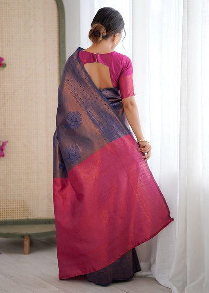 Grey Tree‑Motif Woven Silk Saree