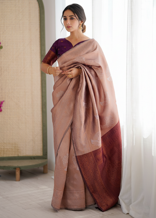 Beige Jacquard Woven Silk Saree