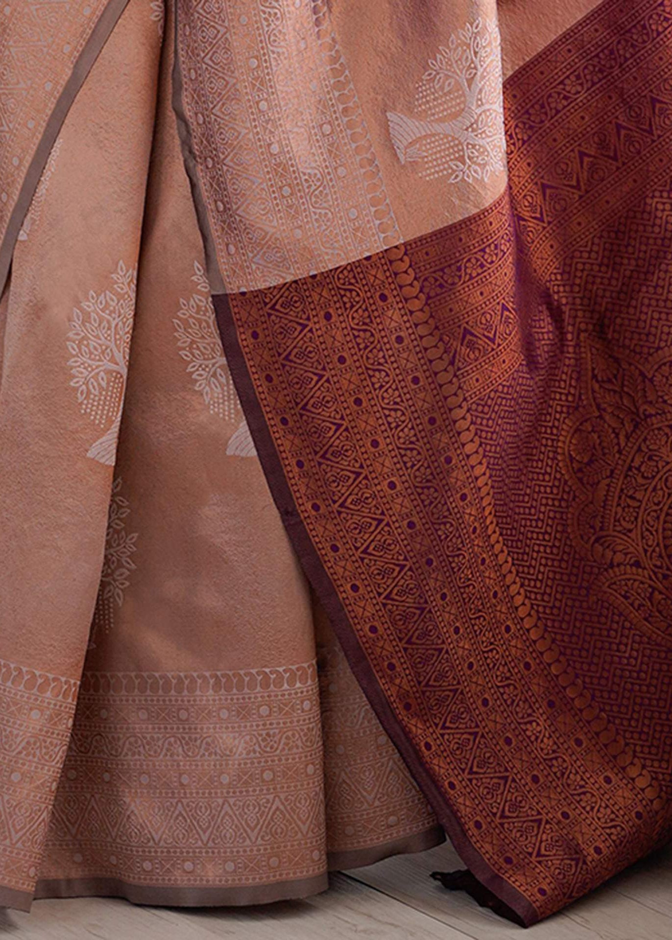Beige Jacquard Woven Silk Saree