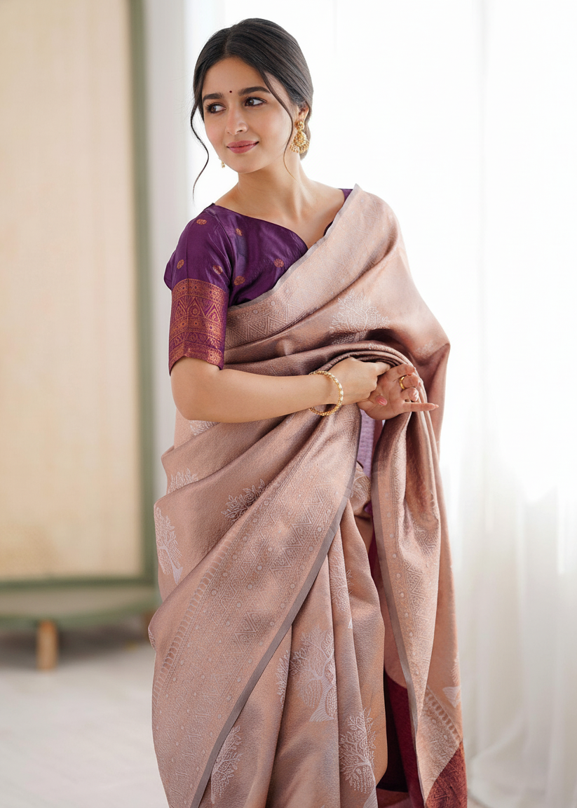 Beige Jacquard Woven Silk Saree