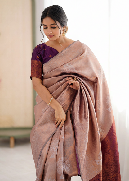 Beige Jacquard Woven Silk Saree