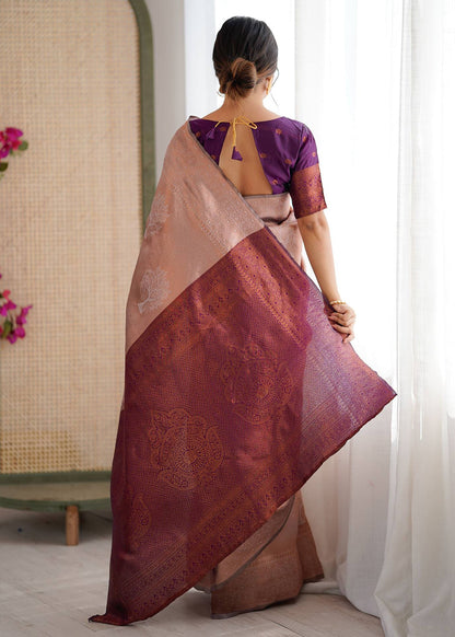 Beige Jacquard Woven Silk Saree
