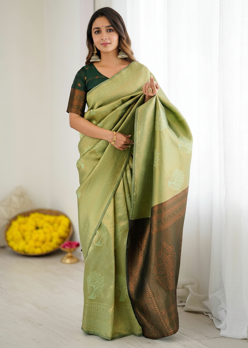 Light Green Tree‑Motif Woven Silk Saree