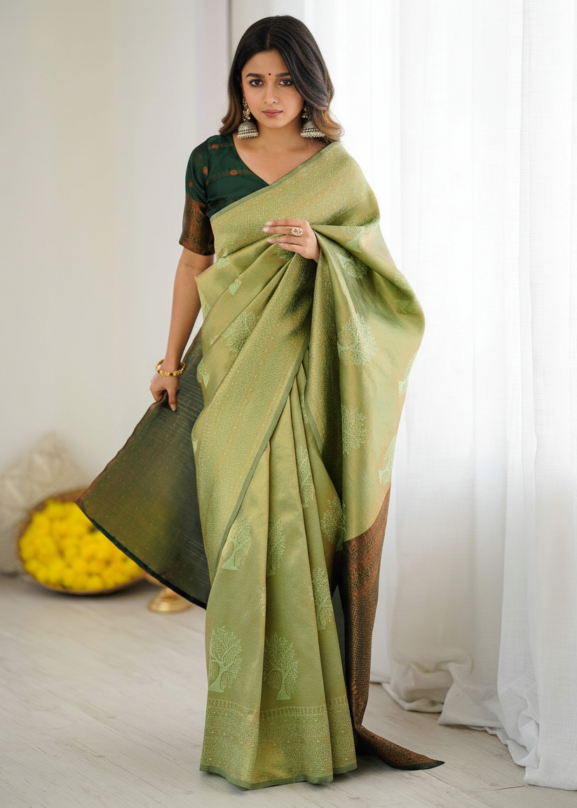 Light Green Tree‑Motif Woven Silk Saree